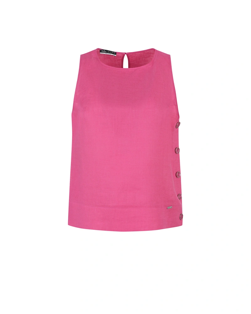 Sleeveless linen blouse in fuchsia with decorative side buttons | T-shirts