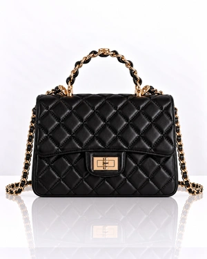 Small black quilted genuine leather handbag with a chain handle and metal fastening | Bags | Dika.bg Small black quilted genuine leather handbag with a chain handle and metal fastening | Bags