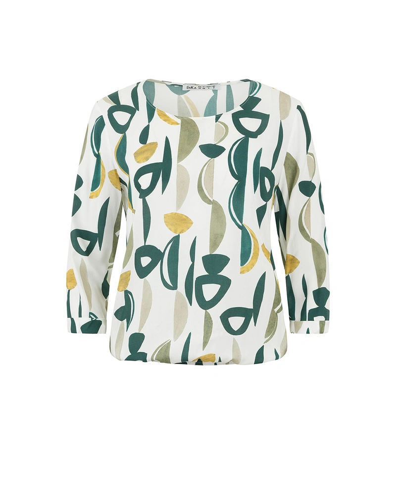 Spring blouse made of viscose, with 7/8 sleeves and a round neckline, featuring a stylized motif | Blouses and Shirts
