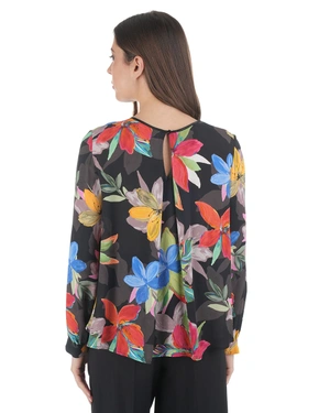 Spring rayon blouse with a contrasting floral print on a black background | Blouses - 3