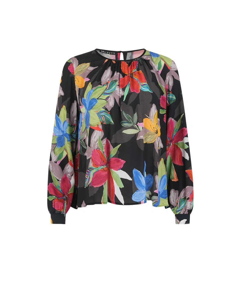 Blouse de printemps en rayon avec imprimé floral contrastant sur fond noir | Blouses