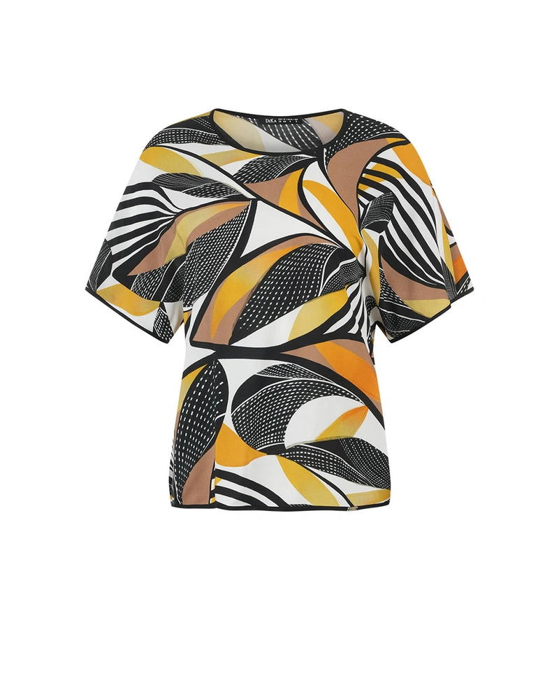 Spring viscose blouse with a stylized motif in warm tones | Blouses