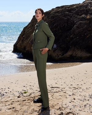 Pantalon droit vert olive en polyester recyclé | Pantalons - 1