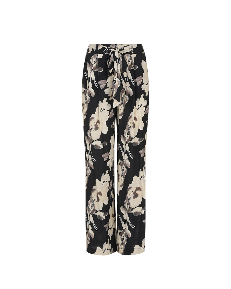 Straight pants - made of viscose with a black-and-white floral pattern | Trousers