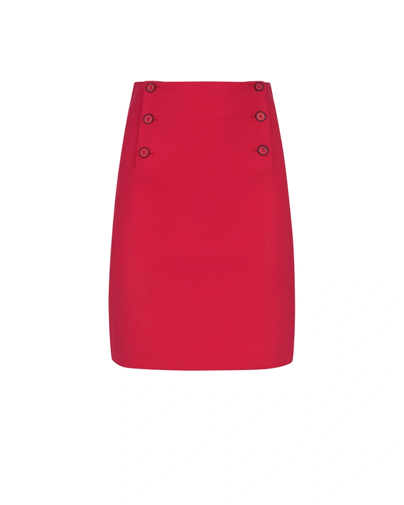 Jupe droite rouge à taille haute avec boutons décoratifs | Business