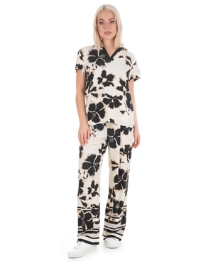 Straight trousers - pajama style, viscose with contrasting floral print | Trousers and Leggings - 5