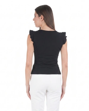 Stylish black T-shirt with structural seams and flutter sleeves | T-shirts - 2