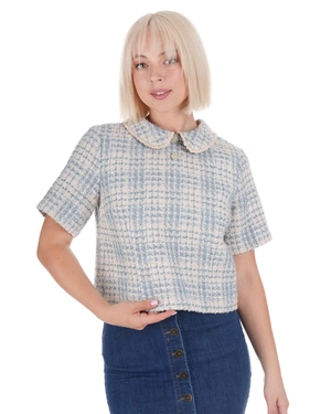 Stylish light blue bouclé tweed blouse with a decorative collar | Blouses - 1