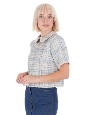 Stylish light blue bouclé tweed blouse with a decorative collar | Blouses - 2