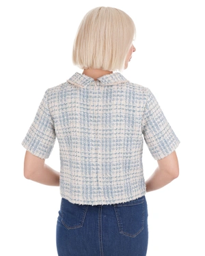 Stylish light blue bouclé tweed blouse with a decorative collar | Blouses - 3