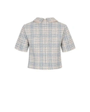 Stylish light blue bouclé tweed blouse with a decorative collar | Blouses - 4