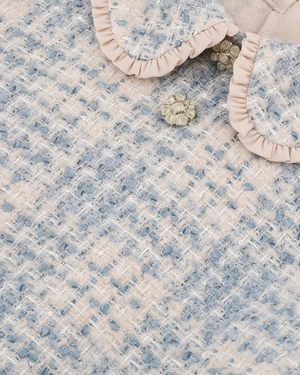 Stylish light blue bouclé tweed blouse with a decorative collar | Blouses - 5