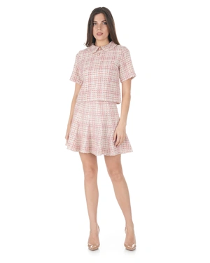 Bluză elegantă din tweed bouclé roz și bej, cu guler decorativ | Bluze - 1