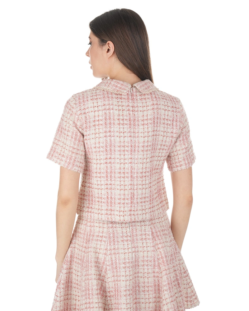 Bluză elegantă din tweed bouclé roz și bej, cu guler decorativ | Bluze