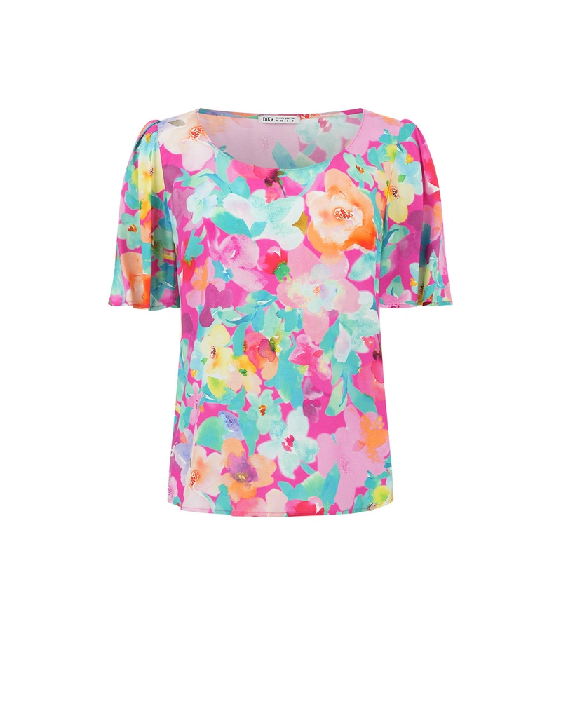 Summer blouse with a floral pattern in blue-cyclamen | Blouses and Shirts