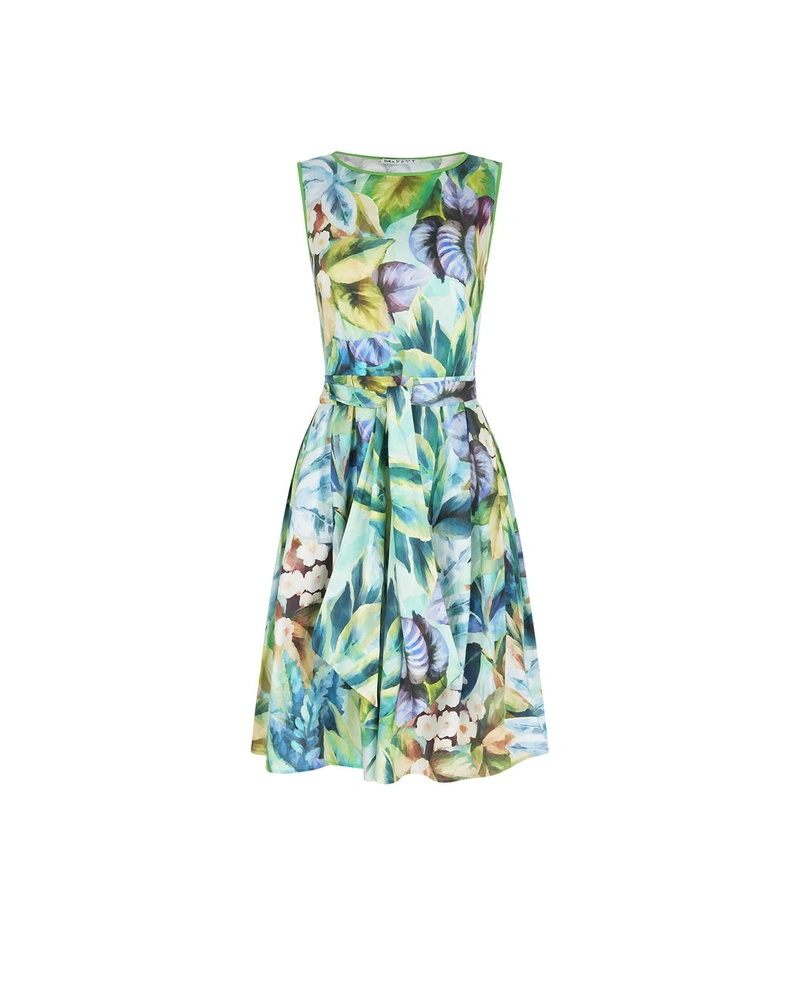Summer cotton dress with tropical print in blue-green hues | NEW