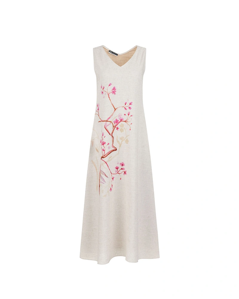 Summer dress in beige with a positioned stylized print | Dresses