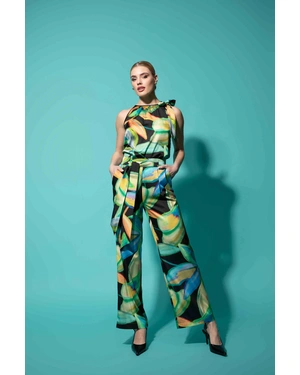 Pantaloni de vară cu imprimeu tropical, picioare largi și curea textilă | COLECTIE DE VARĂ OUTLET - 3