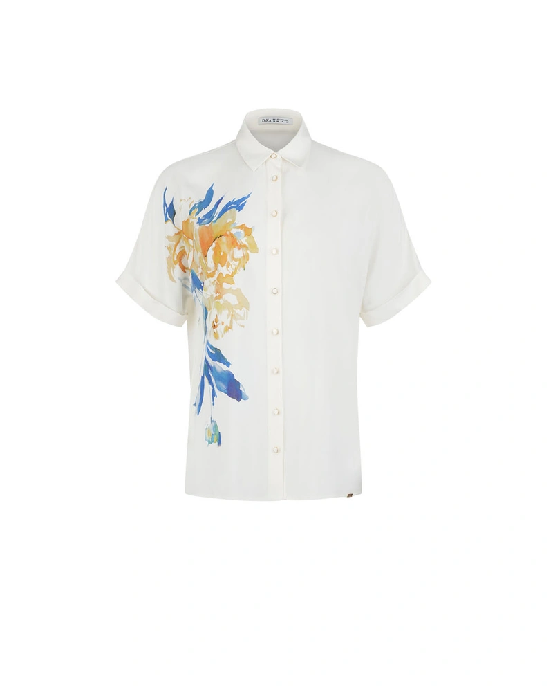 Summer viscose shirt with a stylized vibrant motif | Shirts