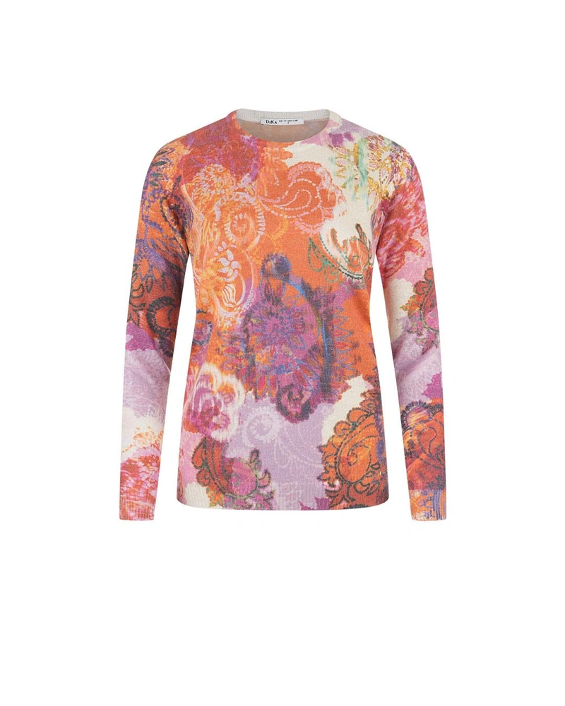 Sustainable sweater with stylized Indian motif in orange-violet tones | Knitwear