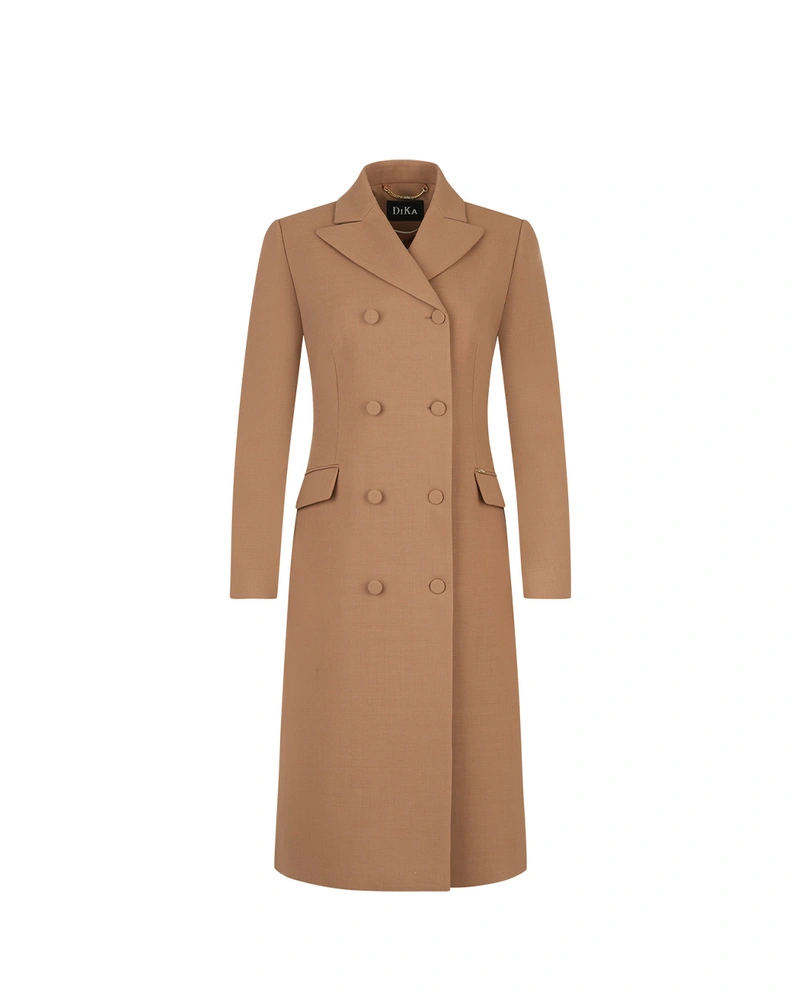 Tailored coat with lapels and double-breasted fastening in camel color | Jackets and Coats