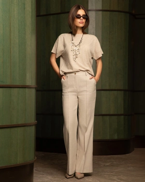 Trousers from linen and cotton with a straight leg, crease, and high waist | Trousers | Dika.bg - 1 Trousers from linen and cotton with a straight leg, crease, and high waist | Trousers - 1
