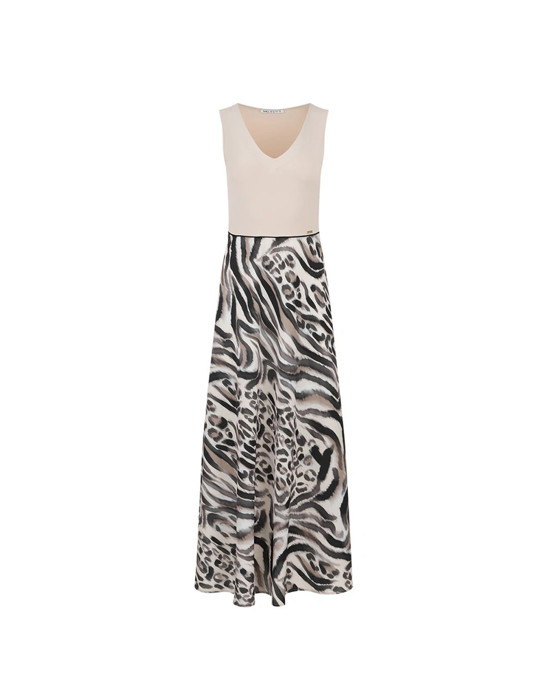 Haljina od dve tkanine u bež boji sa životinjskim printom | Haljine