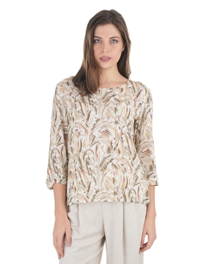 Viscose blouse with 3/4 sleeves and a stylized pattern in pastel earth tones | Blouses - 1