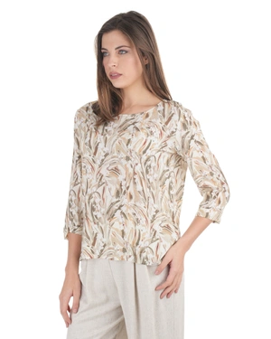Viscose blouse with 3/4 sleeves and a stylized pattern in pastel earth tones | Blouses - 2