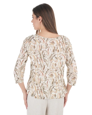 Viscose blouse with 3/4 sleeves and a stylized pattern in pastel earth tones | Blouses - 3