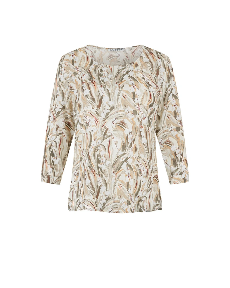 Viscose blouse with 3/4 sleeves and a stylized pattern in pastel earth tones | Blouses