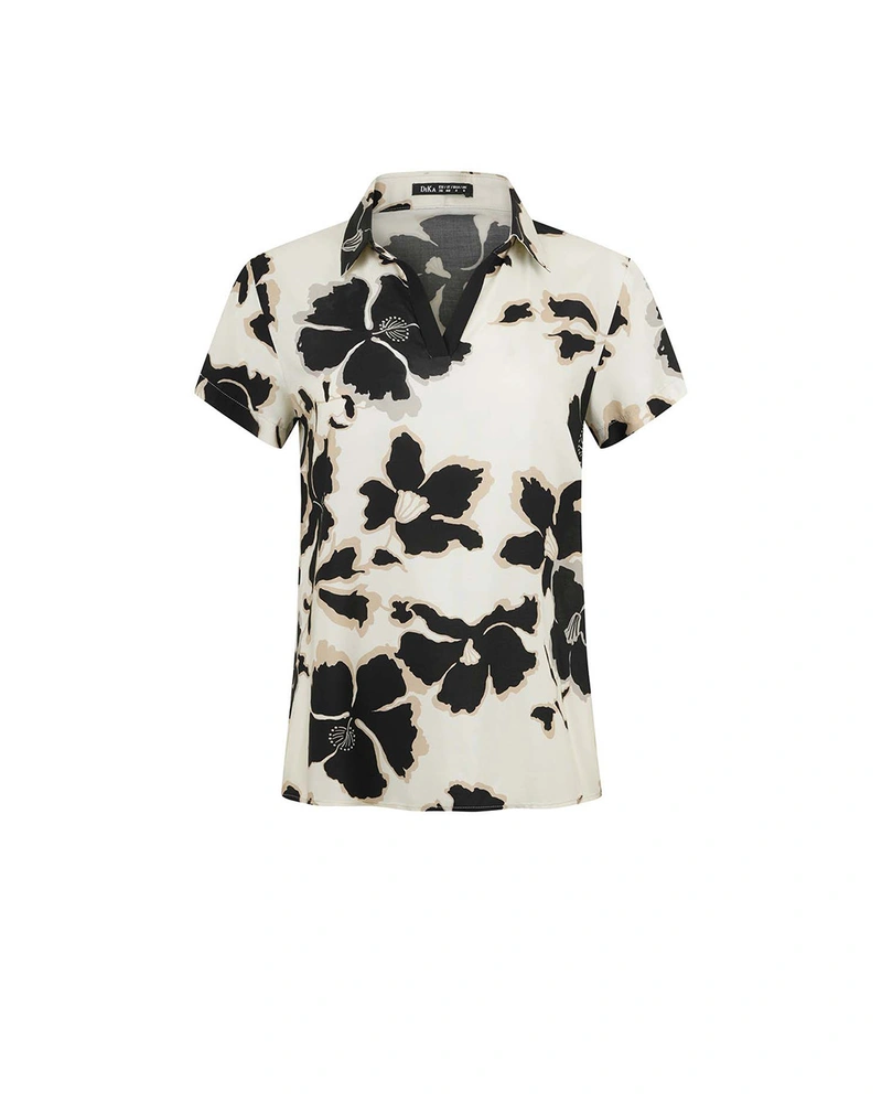 Bluză din viscoză, cu mâneci scurte și guler deschis, cu model floral contrastant | Bluze