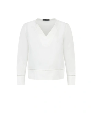 White blouse with long sleeves and V-neckline, with linen content | Blouses