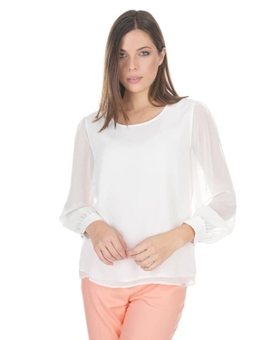 White blouse with wide cuff sleeves and crew neck | Blouses - 1