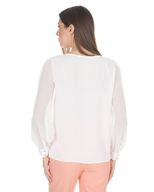 White blouse with wide cuff sleeves and crew neck | Blouses - 2