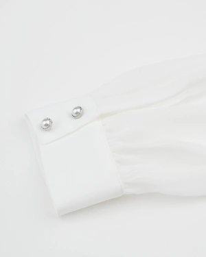 White blouse with wide cuff sleeves and crew neck | Blouses - 5
