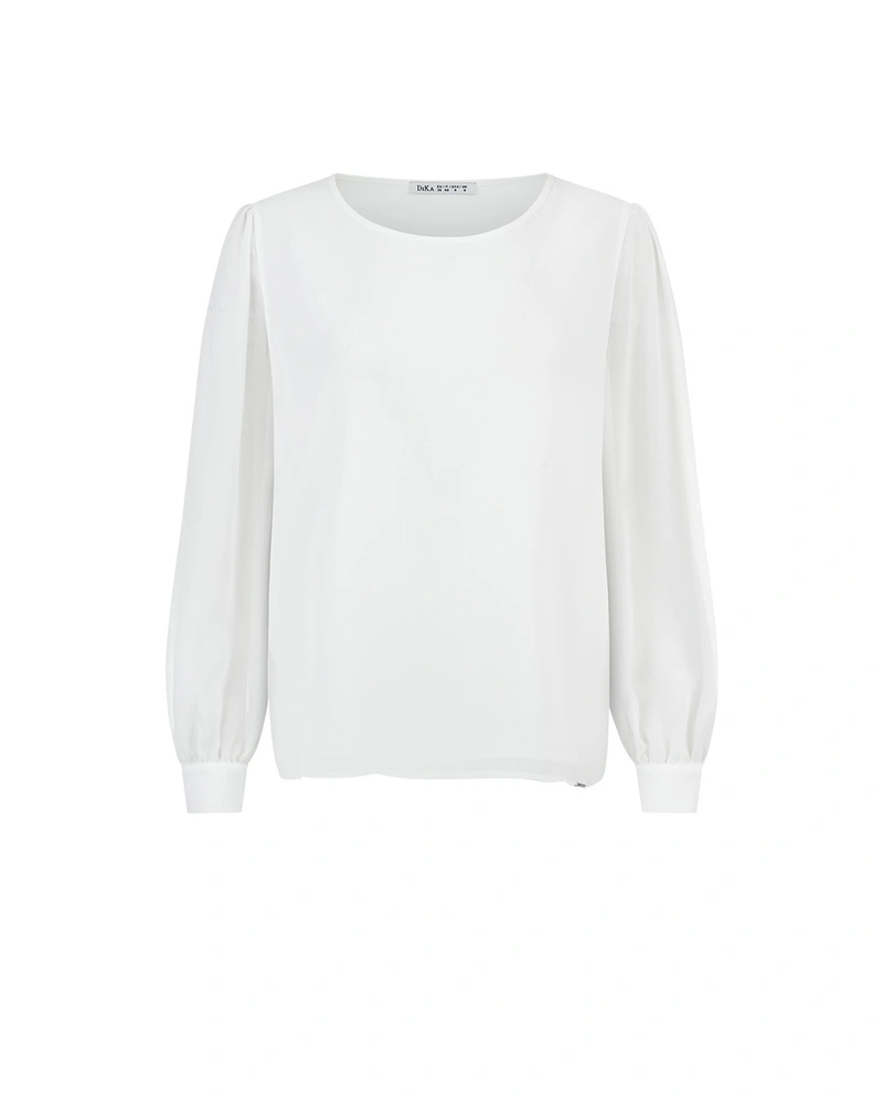 White blouse with wide cuff sleeves and crew neck | Blouses