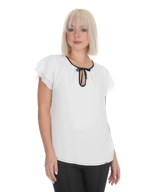 White chiffon blouse with short sleeves and black neck tie | Blouses - 2