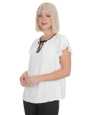 White chiffon blouse with short sleeves and black neck tie | Blouses - 3
