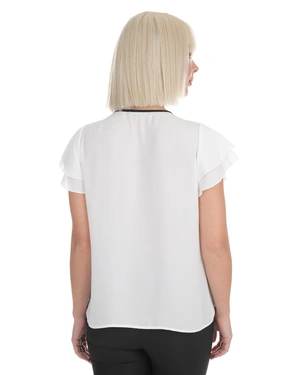 White chiffon blouse with short sleeves and black neck tie | Blouses - 4