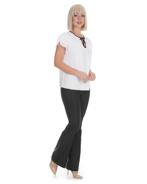 White chiffon blouse with short sleeves and black neck tie | Blouses - 5