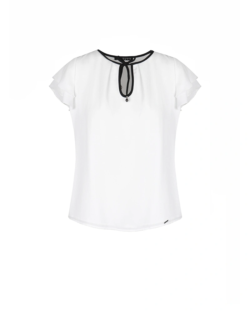 White chiffon blouse with short sleeves and black neck tie | Blouses