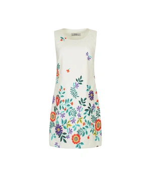 White cotton dress with contrasting floral print, embroidery-like | Dresses - 3
