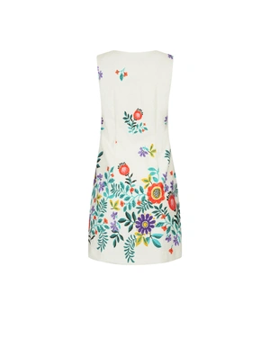 White cotton dress with contrasting floral print, embroidery-like | Dresses - 4