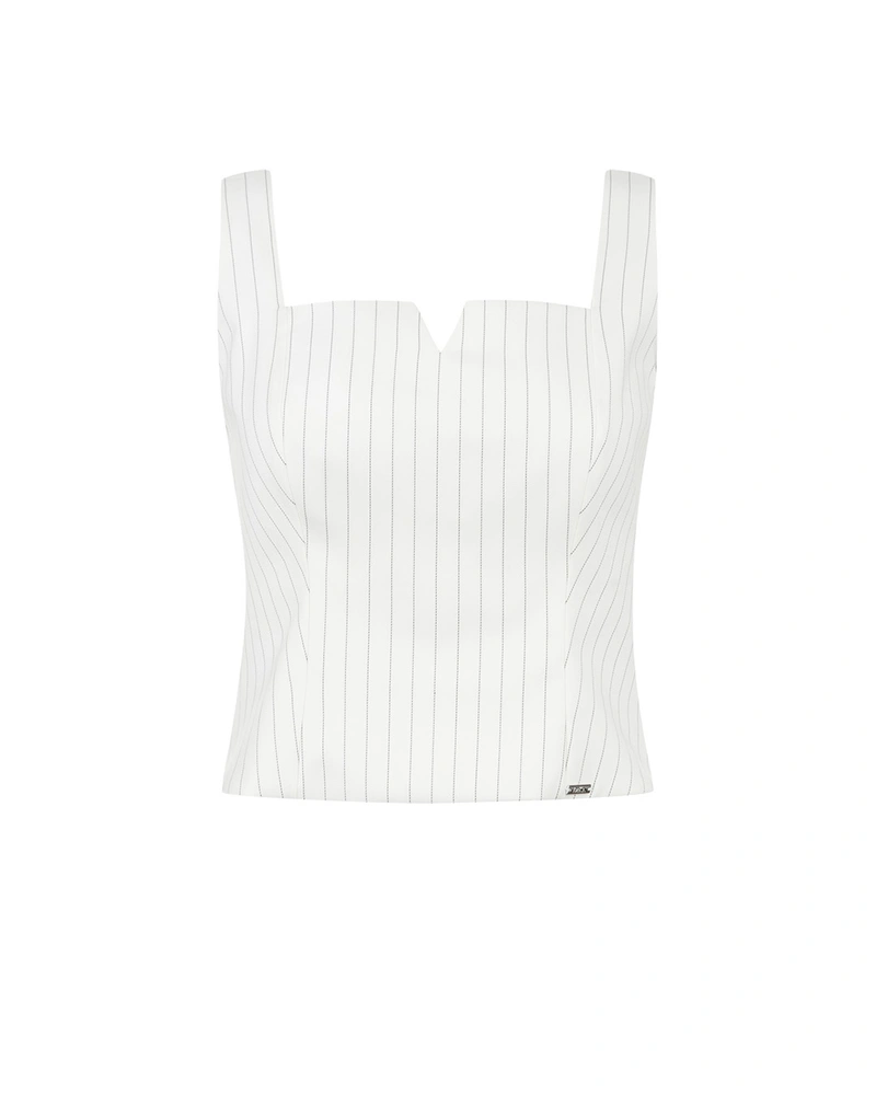 White fine-striped top with straps and a square neckline with a V-element | Blouses