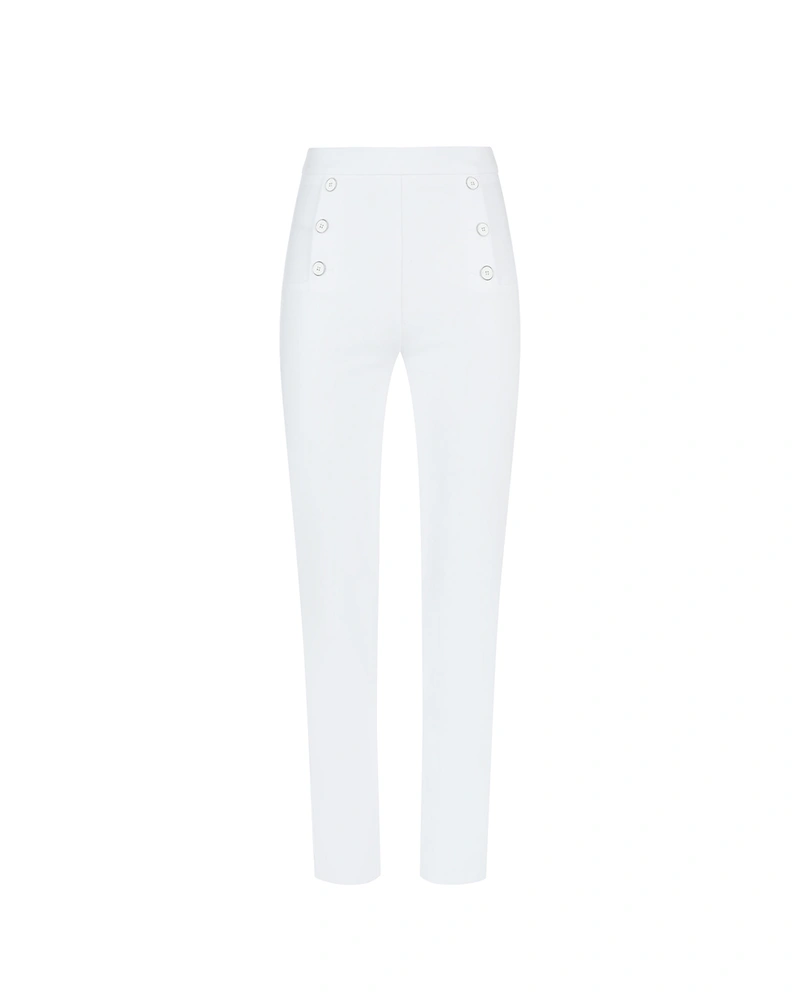 White high-waisted straight-leg trousers with decorative buttons | Trousers | Dika.bg White high-waisted straight-leg trousers with decorative buttons | Trousers