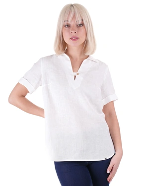 White linen blouse with collar, V-neck with pleat, and short sleeves | OUTLET SUMMER - 3