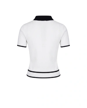 White short-sleeved knitted cardigan with a collar and contrasting navy details | Casual collection - 3