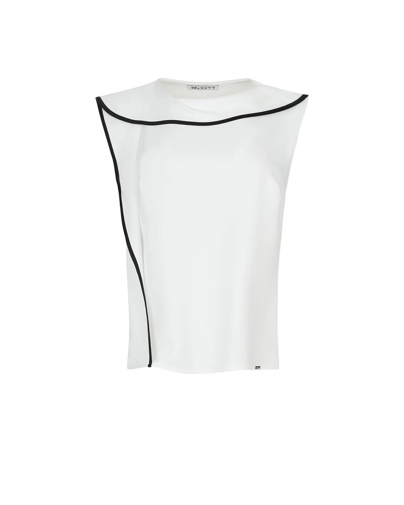 White sleeveless blouse with elegant rolled collar and asymmetric detail | Blouses and Shirts