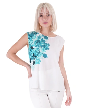 White sleeveless blouse with turquoise floral print | Blouses - 3